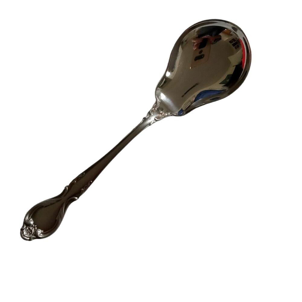 Vintage Lyons Queens Fancy Sugar Spoon Stainless Steel 6" Satin Black Accent 70s